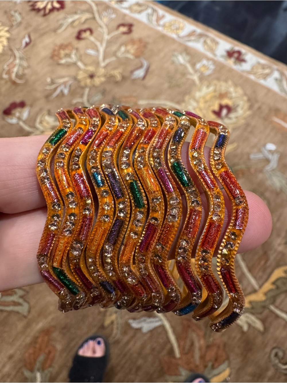 Glass bangle .Gold-Tone Multicolor Wavy Crystal Bangle Set - Women Jewelry